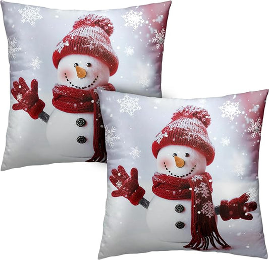 Red Snowman with Snowflake Throw Pillow Covers Snowman Pillow Covers 22x22 Set of 2 Christmas Winter Holiday Cushion Case for Couch Living Room Bedroom Sofa