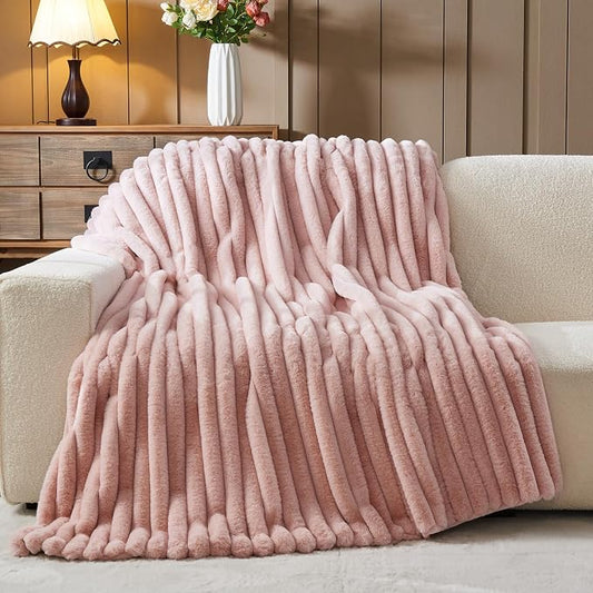 NEWCOSPLAY Faux Fur Ribbed Throw Blanket for Couch, Pink, 50"x60" | Plush Soft Thick Warm Blanket for Couch Sofa Bed 850GSM, Fluffy Cozy Luxury Decorative Throw, Gift for Women Men