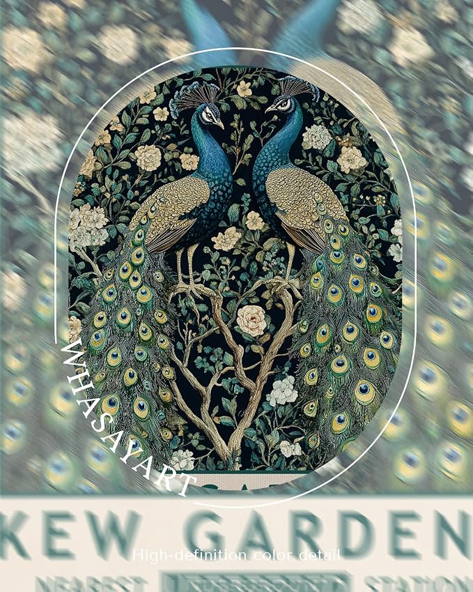 WHASAYART Vintage Peacock 12x16 Framed Canvas Wall Art Antique Painting, Kew Gardens Elegant Blue Peacocks Floral Botanical Bird Print Artwork, Retro Bathroom Bedroom Home Office Gallery Decor