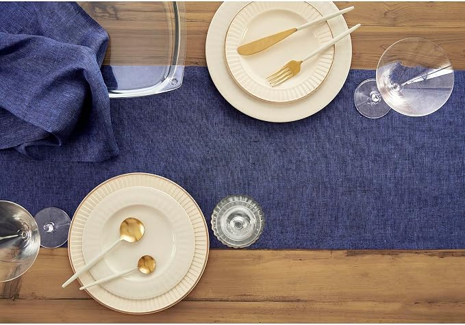 Solino Home 100% Pure Linen Dining Table Runner Navy, Athena 14 x 144 in | brings a tailored look to family meals and hosting, European flax fibres, effortlessly elegant, soft, OEKO-TEX Certified