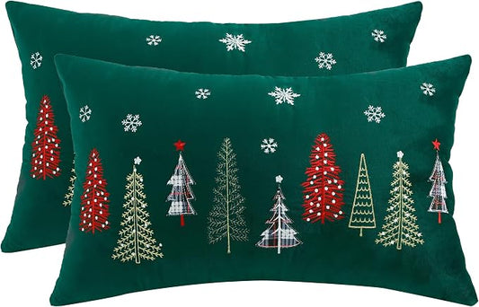 Christmas Embroidery Throw Pillow Covers 16 x 26 inch Set of 2 Christmas Dec Velvet Pillowcases Forest Green Xmas Tree Cushion Pillow Cases Soft Lumbar Holiday Pillowcase