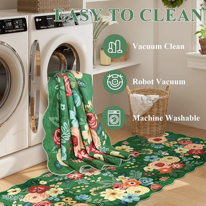 DUKINO 2x8 Washable Runner Rug, Floral Non Slip Kitchen Rugs, Dark Green | Low Pile, Soft Throw Rug Runner for Hallway, Entryway, Bedroom, Bathroom, Pet Friendly, Stain Resistant, Home Decor