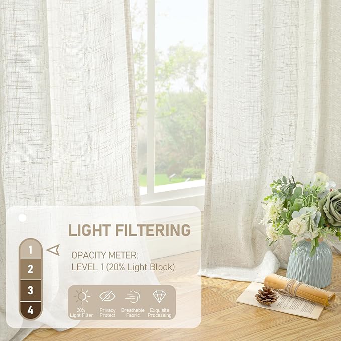 Ivory 90 Inches Long Linen Semi Sheer Curtains for Living Room | Light Filtering Boho Panels, Rod Pocket Back Tab, Natural Curtains, Bedroom, Dining Room, Farmhouse, 52 x 90 Inch, 2 Panels