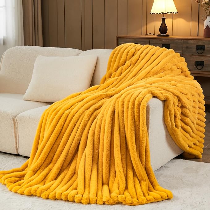 NEWCOSPLAY Faux Fur Ribbed Throw Blanket for Couch, Mustard Yellow, 50"x60" | Plush Soft Thick Warm Blanket for Couch Sofa Bed 850GSM, Fluffy Cozy Luxury Decorative Throw, Gift for Women Men