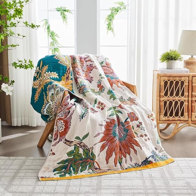 Boho Throw Blanket for Bed 100% Cotton Bohemian Blankets Ultra Soft Woven Muslin Decorative Blankets All Seasons Vintage Quilt Knitted Blanket for Sofa Chair(Beige, 80"x90")
