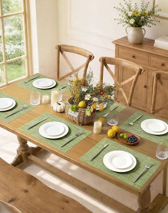 Leetaltree Bean Green Woven Placemats Set of 12 - Heat Resistant Non-Slip Place Mats for Dining Table, Washable Durable PVC Table Mats(Bean Green, 12)