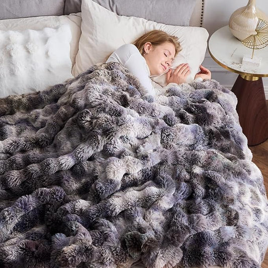 NEWCOSPLAY Faux Fur Bubble Twin Blanket for Couch, Tie-Dye Grey, 60"x80" | Fluffy Soft Thick Warm Bubble Blanket for Couch Sofa Bed 700GSM, Plush Cozy Luxury Decorative Throw, Gift for Women Men