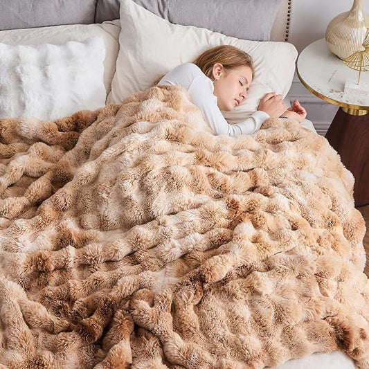 NEWCOSPLAY Faux Fur Bubble Twin Blanket for Couch, Tie-Dye Beige, 60"x80" | Fluffy Soft Thick Warm Bubble Blanket for Couch Sofa Bed 700GSM, Plush Cozy Luxury Decorative Throw, Gift for Women Men