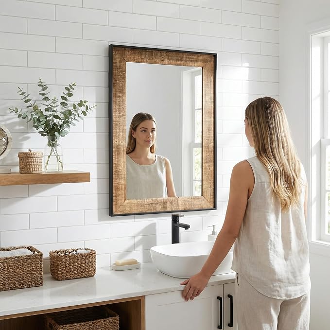 Rustic Solid Wood Wall Mirror 36x24 Inch, Vintage Wood Framed Wall Mirror for Bathroom Over Sink, Living Room, Hallway & Entryway, Farmhouse Style Decorative Mirror
