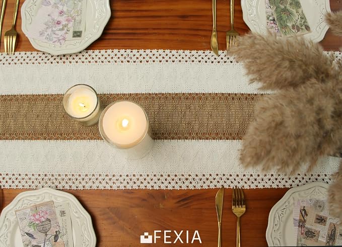 FEXIA Boho Table Runner for Fall Home Decor 12x90 Rustic with Tassels | 90 Inches Long Farmhouse Kitchen Dining Room Macrame Burlap Coffee Table Decoration Dresser Runner Pottery Barn Furniture