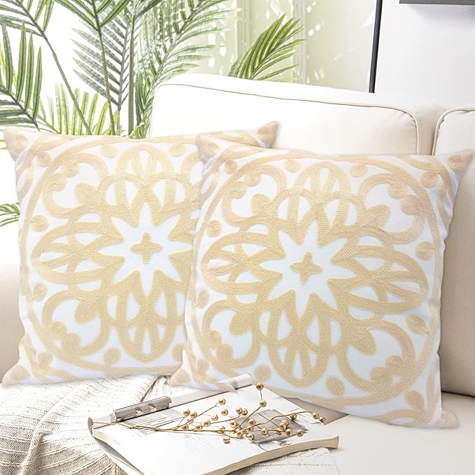 Alysheer Embroidered Decorative Throw Pillow Covers 18"x18" Set of 2 Pieces, Cozy Boho Mandala Knit Pattern, Durable 100% Cotton Canvas，Light Beige Cushion Cases for Sofa Couch Living Room (Ivory)