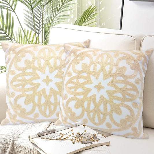 Alysheer Embroidered Decorative Throw Pillow Covers 18"x18" Set of 2 Pieces, Cozy Boho Mandala Knit Pattern, Durable 100% Cotton Canvas，Light Beige Cushion Cases for Sofa Couch Living Room (Ivory)