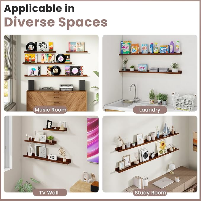 Acovy Floating Shelves for Wall, 24 inch Solid Wood Picture Ledge Shelf, Picture Shelf for Wall with Ledge, Floating Book Shelves for Living Room Bedroom Kitchen Nursery Decor, Walnut, Set of 2