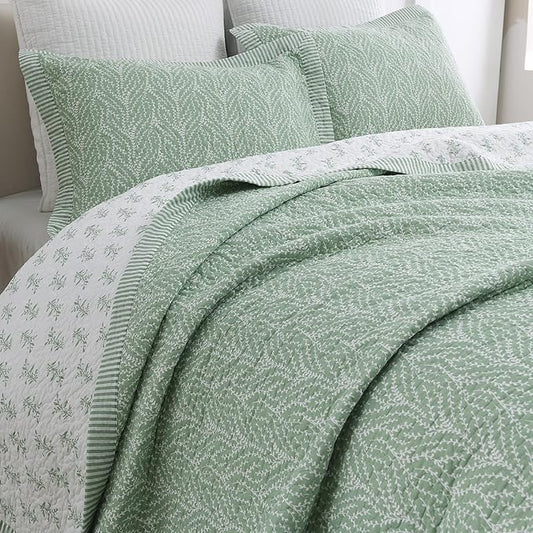 SahSahCasa Quilt Set Queen Size, 100% Cotton Quilt Bedding Set Bedspread, Botanical Pattern Solid Color Chic Lightweight Quilted Comforter for Queen Bed, White/Green, All Season, 3 Pieces