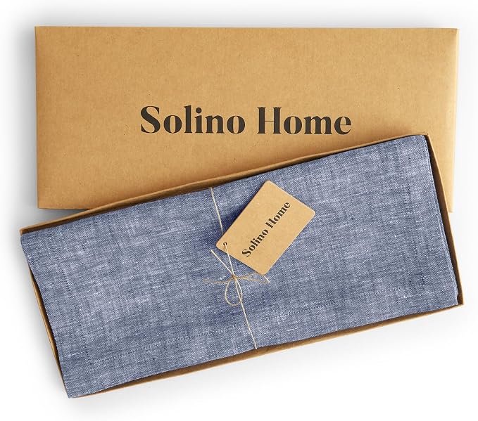 Solino Home 100% Pure Linen Table Runner Indigo Long, Athena 14 x 144 in | dresses up dining tables for everyday meals, European flax fibres, handcrafted by skilled artisans, soft, OEKO-TEX Certified