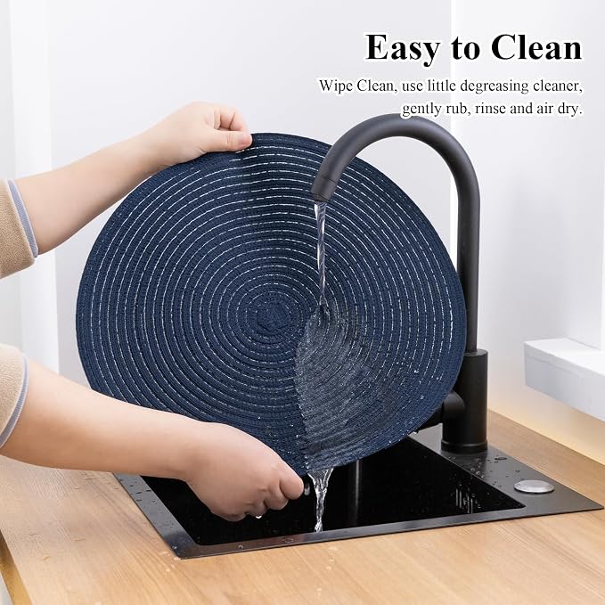 SHACOS Round Placemats Set of 8 Washable 15 inch Round Table Mats Cotton Polyester Woven Braided Place Mats for Dining Table, Navy