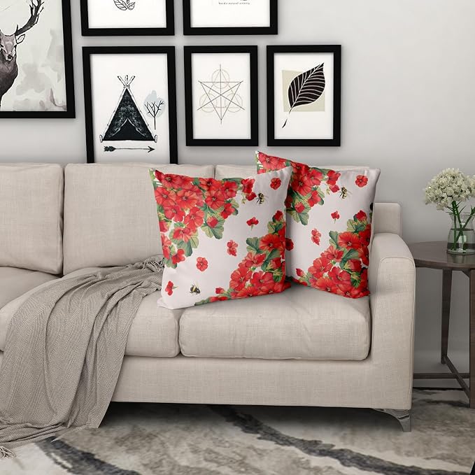 Giwawa 2PCs Geranium Throw Pillow Covers, 16"x16" Spring Summer Red Floral Bees Decorative Cotton Pillow Cases, Watercolor Flower Blossom Square Cushion Cover Sofa Couch Porch Living Room