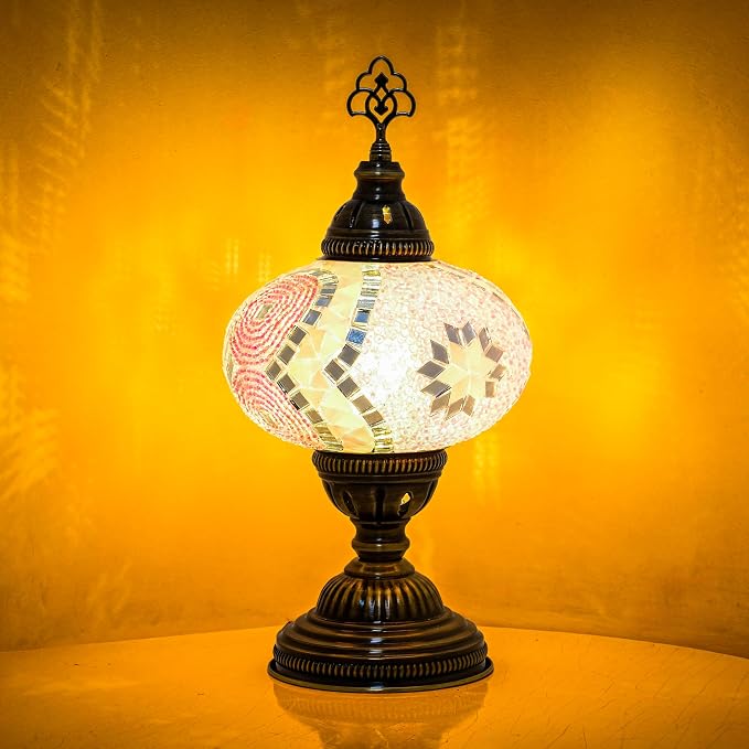 Turkish Mosaic Table Lamp with Bulb – Handmade Pink Stained Glass Light, Vintage Bohemian Decorative Bedside Lamp with US Plug & E12 Socket