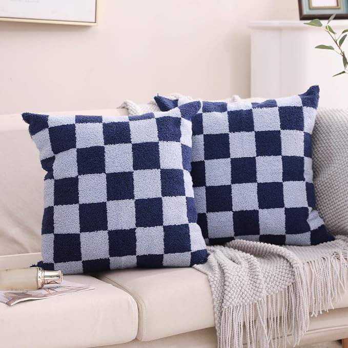 Alysheer Checkered Embroidered Throw Pillow Covers 18"x 18" 2pc Navy Blue
