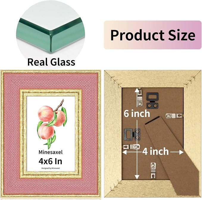 4x6 Picture Frame - Blush Pink Fabric & Vintage Gold Border HD Real Glass with Easel for Tabletop/Wall (Family Photos, Bedroom Decor 1 Pack)