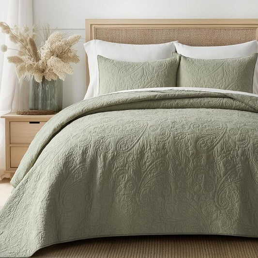 EVERGRACEHOME 100% Cotton Paisley Quilt Set, King Size, Light Sage Green | Prewashed for Softness, Year-Round Breathability, Gift-Ready Box, Matelasse-style Quilted Coverlet, 3 Piece Set with 2 Shams