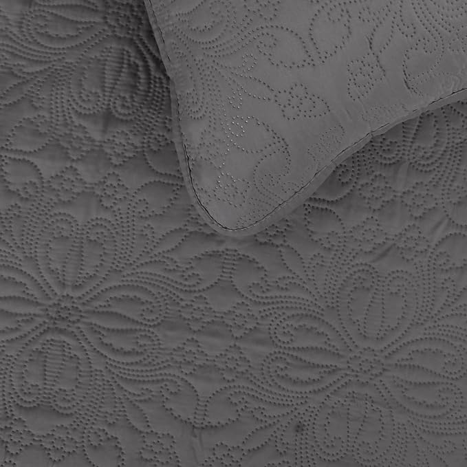 Easy-Going Reversible Quilt Set Twin, Bedspread with 1 Shams | Damask-Gray/Light Gray, Lightweight Microfiber Bed Comforter, 1 Quilt + 1 Pillow Shams, All-Season Coverlets for Bedroom