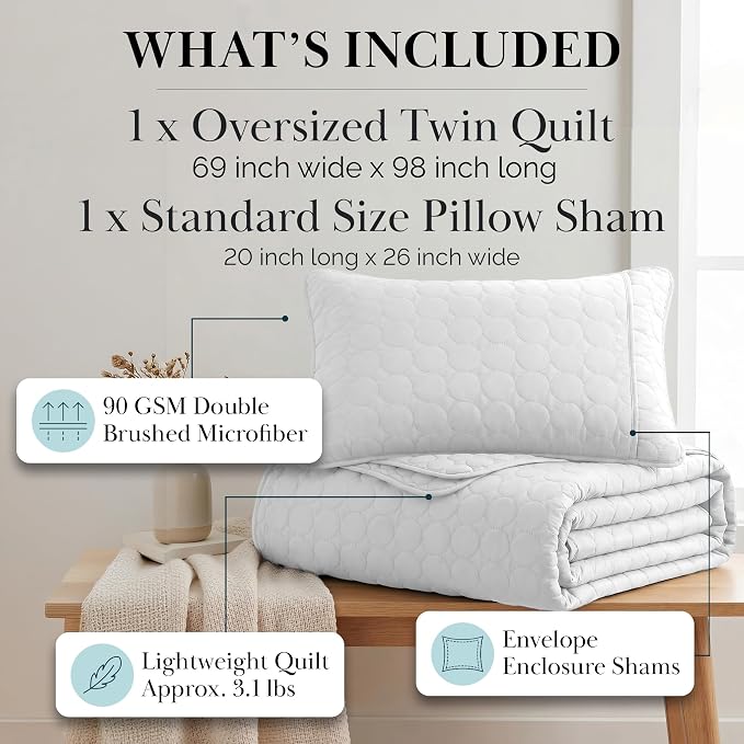 Southshore Fine Living, Inc. Twin XL Quilt Set, Dorm Room Bedding Essentials, Machine Washable Bed Spread for Vacation Homes, Twin XL White Quilt Bedspread Set w/Pillow Sham, Bright White Quilts