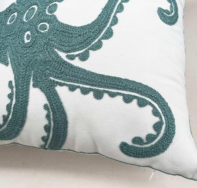 Embroidered Cute Nautical Animal Pillow Cover,Square 18 Inches Decorative Canvas Pillow Cover for Nautical Style Deco by (Seagreen-Octopus)