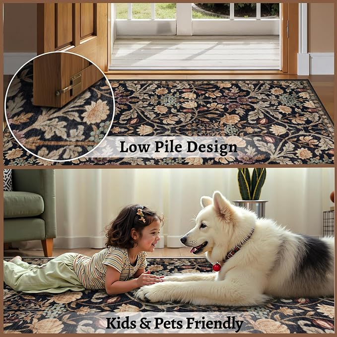 Ciicool 4x6 Washable Area Rug Floral Living Room Rugs for Bedroom Bedside | Soft Low Pile Carpet for Hallway Entryway Playroom Laundry Office Home Boho Non-Slip Black Carpets