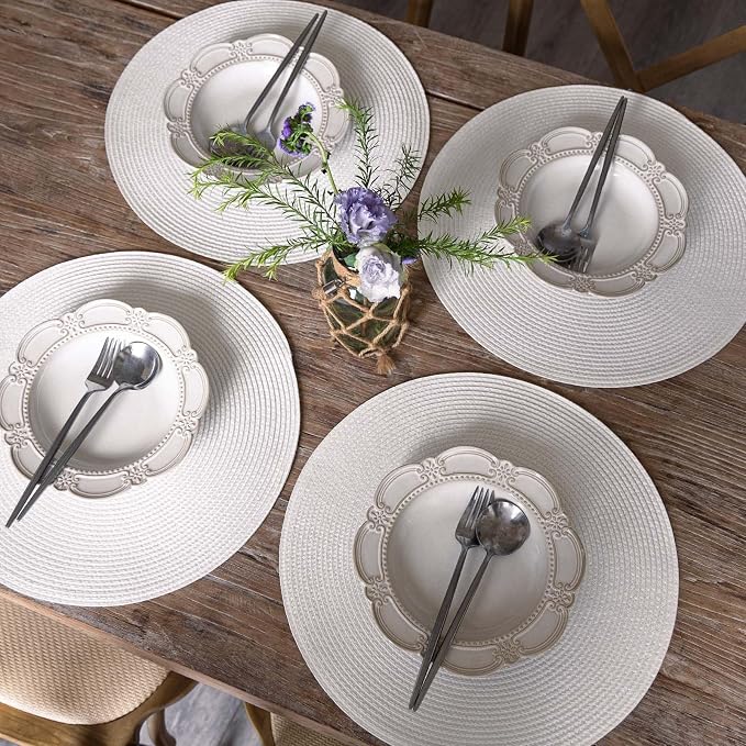 FunWheat Round Braided Placemats Set of 8 Place Mats for Dining Table Woven Washable Non-Slip Table Mats 15 Inch(Cream White,8pcs)