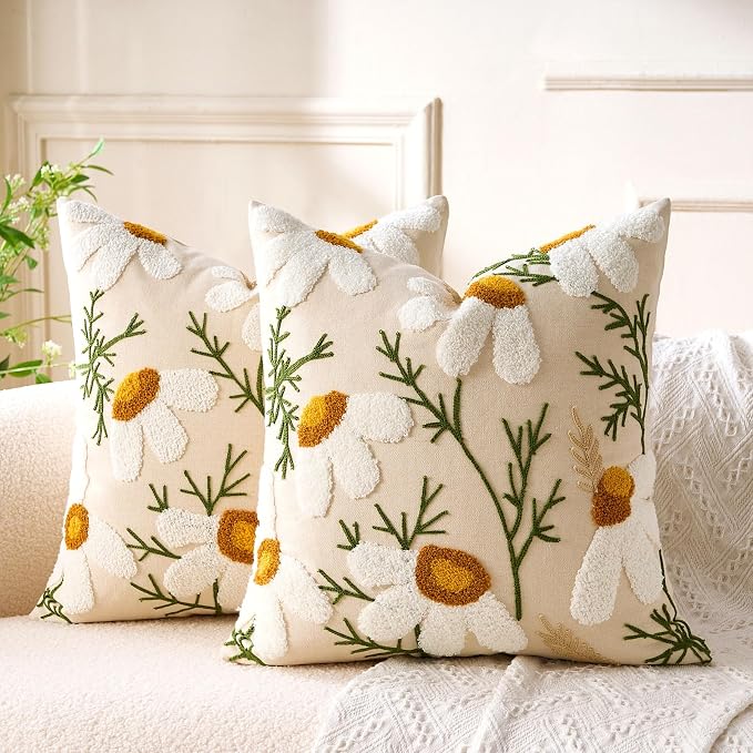 Embroidered Throw Pillow Covers Boho Farmhouse Daisy Tufted Pillow Covers Floral Decorative Couch PillowCases 16x16 Cottagecore Square Cushion Cover Set of 2 for Living Room Couch Sofa Bed Home Decor