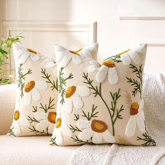 Embroidered Throw Pillow Covers Boho Farmhouse Daisy Tufted Pillow Covers Floral Decorative Couch PillowCases 20x20 Cottagecore Square Cushion Cover Set of 2 for Living Room Couch Sofa Bed Home Decor