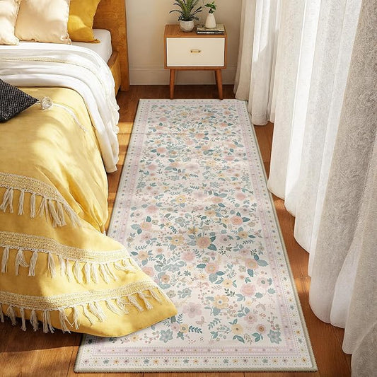 Washable Floral Area Rug for Living Room Runner 2x6 Light Beige | Non-Slip，Vacuum-Friendly, Low Pile, Flower Carpet for Bedroom Kitchen Entryway Dining Room Office Nursery