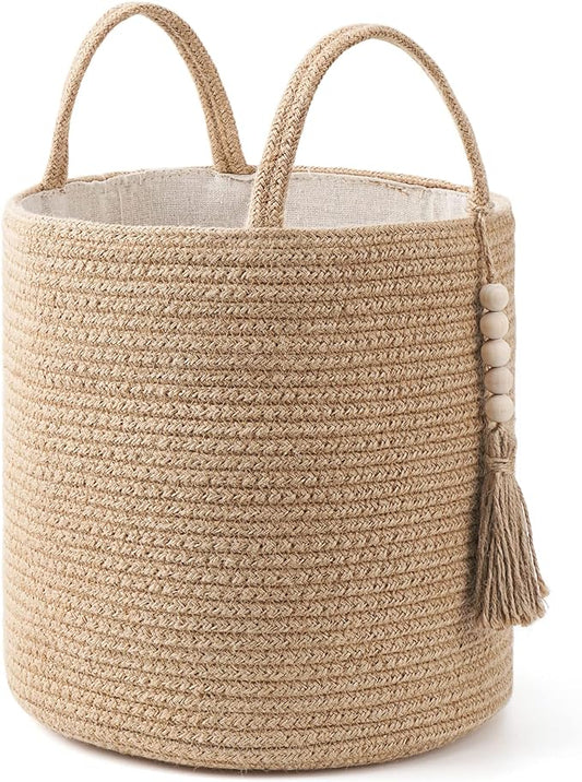 Mkono Woven Storage Basket for Blanket, Toys Plant Organizer, 11"W x 11"L | Brown, Jute, Decorative Basket with Handle, Wood Beads Tassel, Shoes Towel Clothes Storage Bin, Living Room Bedroom Nursery