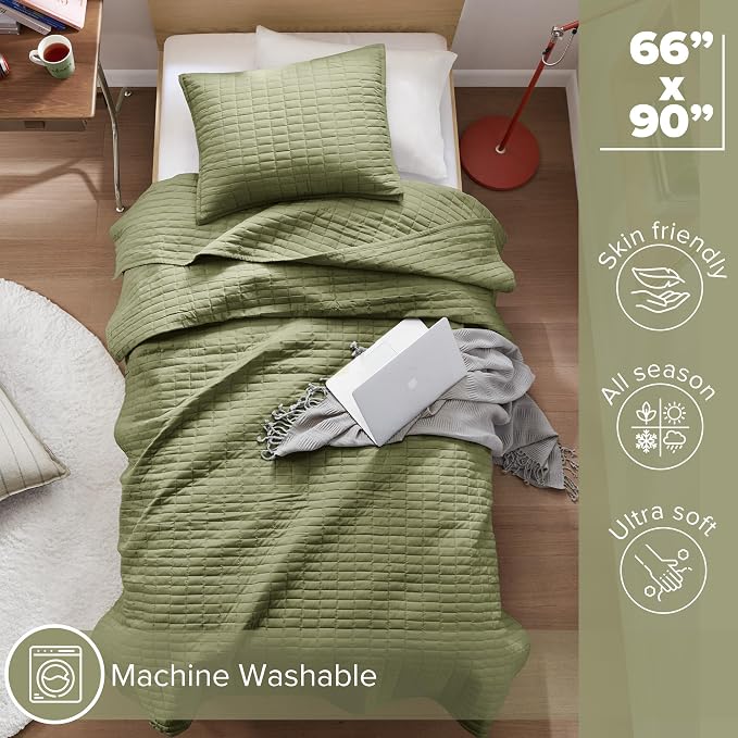 Comfort Spaces Kienna Twin Quilt Bedding Set 2 Piece, 66"x 90" Olive Green | Soft Cozy Lightweight Summer Twin XL Coverlet for College Dorm, Quilted Extra Layer, Modern Casual Bedroom Decor, OEKO-TEX