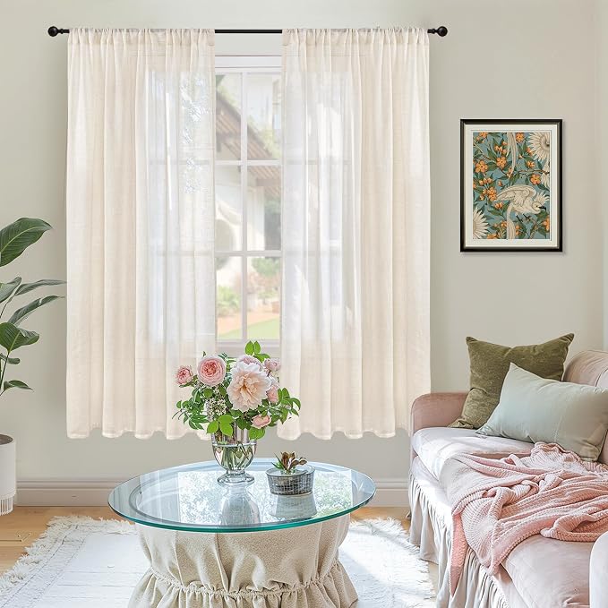 BGment 72 Inch Length Beige Linen Curtains for Living Room - Natural Semi Sheer Drapes with Rod Pocket Textured Rustic for Bedroom Country Light Filtering, 2 Panels, Each Panel 52 Inch Wide