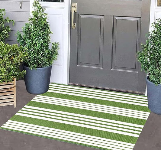Green and White Striped Outdoor Rug 24'' x 35'' Door Mat Outdoor Machine Washable Welcome Mats Cotton Hand-Woven Entryway Rug for Front Porch/Entryway/Laundry/Bathroom/Bedroom