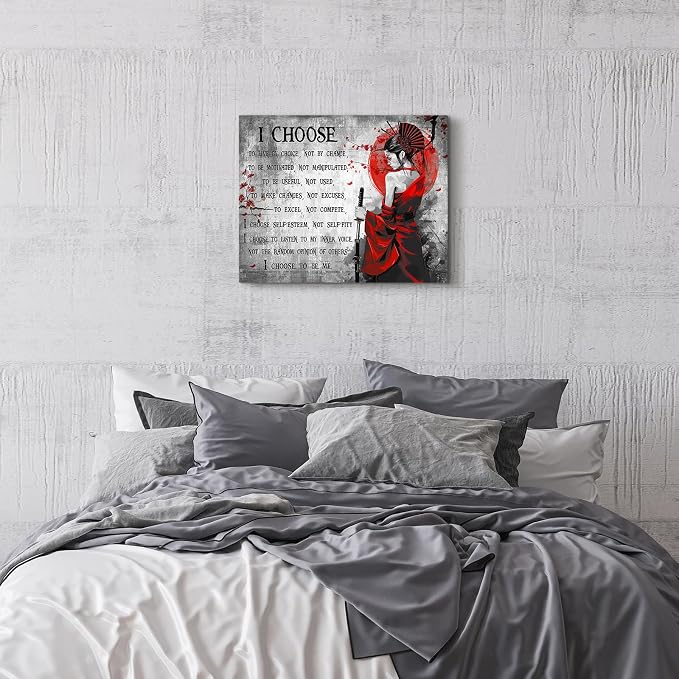 Motivational Japanese Samurai Wall Art Samurai Women Red Moon Canvas Wall Decor Inspirational Quotes I Choose Pictures Print Paintings Framed Artwork Home Decor For Office Living Room Gym 16x20 Inch