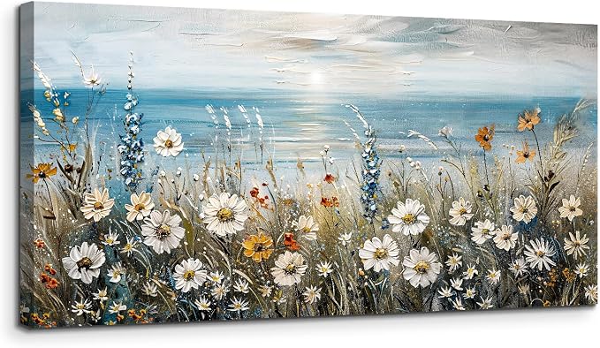 SERIMINO Large Coastal Landscape Wall Decor, Beach Daisy Canvas Art 29"X57" | Extra Large Farmhouse Wall Art, Daisy Wildflower Canvas Painting, Dining Room Decor, Gallery Wrapped, Fade-resistant Inks