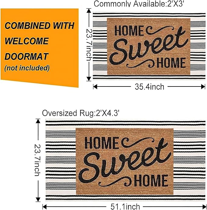 Black and White Striped Doormat 24'' x 35'' Front Porch Rug Machine Washable Indoor Outdoor Doormat for Front Porch Hand-Woven Entryway Rug for Laundry/Bathroom/Bedroom