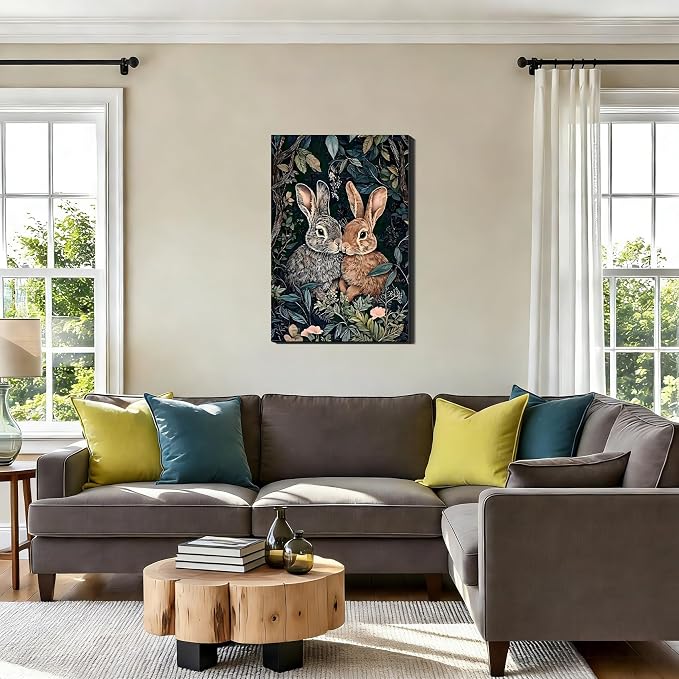 Vintage Framed Easter Canvas Wall Art 8x12, Retro Two Bunnies Pictures Wall Decorations Indoor, Rustic Spring Wall Decor with Cute Rabbit & Florals for Bedroom Living Room Office