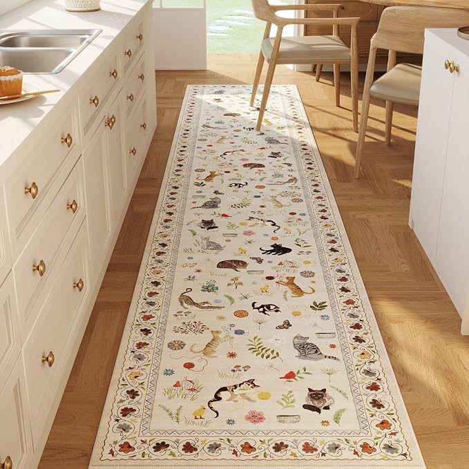 Rugcomf 2'7"x14' Long Hallway Runner Rug - Floral Cat Washable Non Slip Boho Carpet for Kitchen, Entryway, Hall, Bathroom - Beige