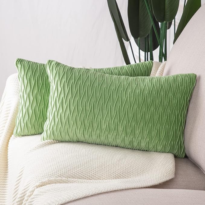 MADIZZ Set of 2 Super Soft Velvet Decorative Throw Pillow Covers 12x20 inch Apple Green Rectangular with Texture Luxury Style Cushion Case Pillow Shell for Sofa Bedroom