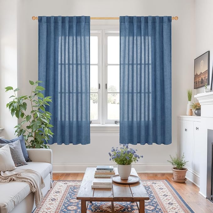 YoungsTex Navy Blue Linen Curtains 63 Inch Length for Living Room Window, Light Filtering Semi Sheer Drapes Rod Pocket Back Tab for Home Office Bedroom Decorative, 2 Panels, 52 X 63 Inch