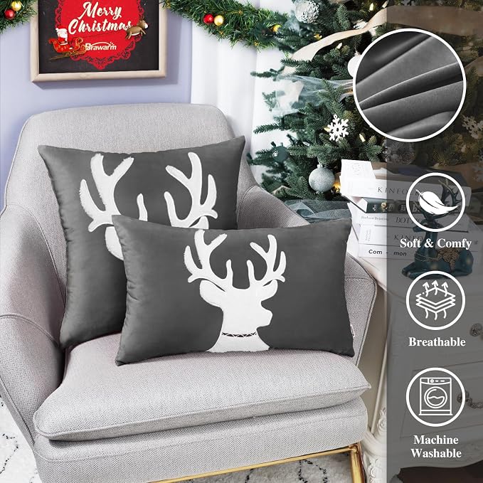 BRAWARM Christmas Pillow Cover 18 X 18 Inches, Gray Reindeer Embroidered Pillow Cover, Soft Velvet Decorative Throw Pillow for Couch Bed Sofa Living Room Home