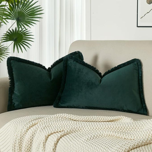 JUSPURBET Military Green Lumbar Velvet Throw Pillow Covers 12x20 Inch Set of 2 with Soft Tassel Fringe Luxury Boho Pillowcase for Sofa Couch Bed Home Decor Machine Washable
