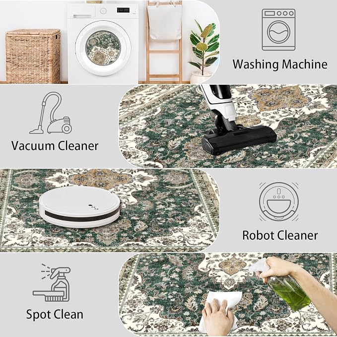 AooHHooA 2x3 Washable Entryway Rug Green, Soft Stain Resistant 2x3 Boho Rug Vintage Small Rugs for Entryway, Low Pile Lightweight Non-Slip Indoor Door Mat Small Rugs for Bedroom Bathroom