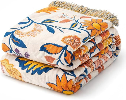 100% Cotton Boho Throw Blanket for Home Decor – Classic Farmhouse Quilt Bedding, Muslin Blankets for Adults, Vintage Woven Decorative Blanket for Couch, Bed Layering Use, Botanic Floral, 104"x90"