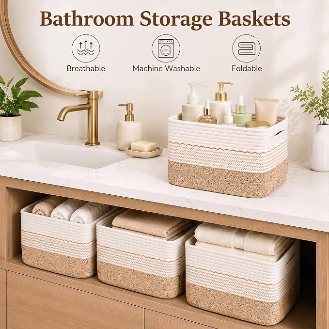 OIASKET 4 Pack Storage Baskets for Organizing, 13"X9"X7.87", Decorative Cotton Rope Baskets for Shelves, Small Woven Basket for Toys, Books and Towels, Brown & White
