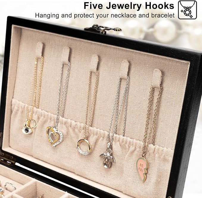 Pinzoveco Jewelry Box for Women, Rustic Wooden Jewelry Organizer Box for Storage Earrings Rings Necklace Bracelet, Farmhouse Style Wood Jewelry Boxes & Organizers (Black)